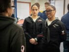 Sailors assigned to the Virginia-class fast-attack submarine USS Washington (SSN 787) inspect Port Angeles High School NJROTC students during