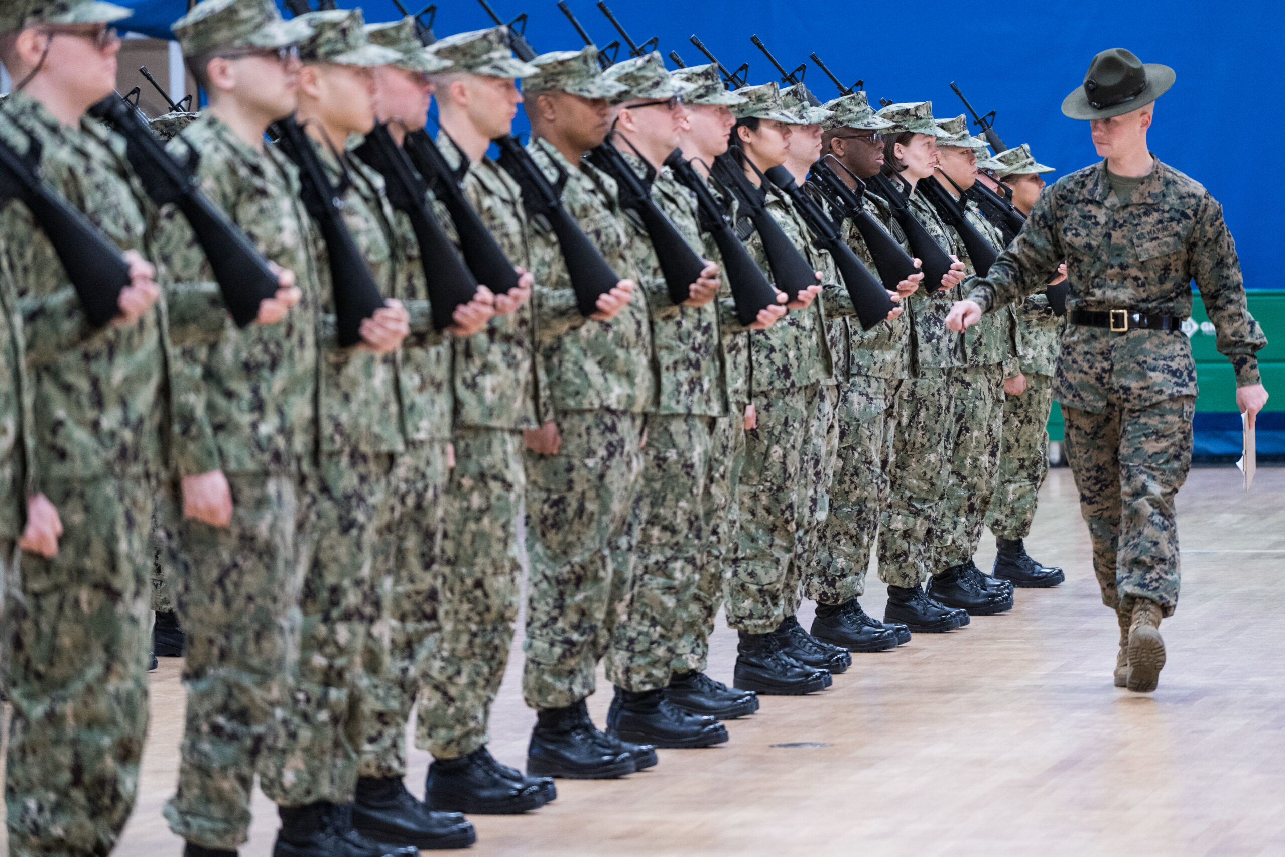 Officer candidates marching in formation at Naval Station Newport